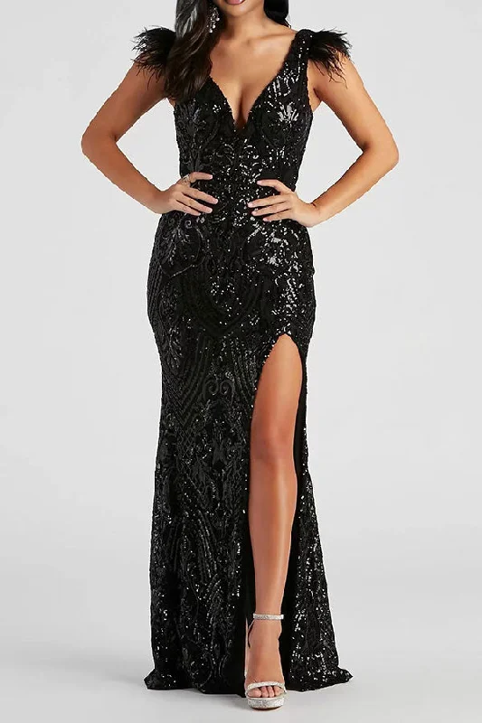 Discount Extravaganza Black Sequined Feather Trim Glamorous High Split Maxi Dress