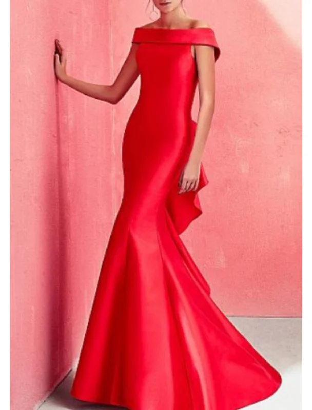 Classic Appeal Mermaid Beautiful Back Christmas Red Green Dress Formal Evening Dress Off Shoulder Short Sleeve Floor Length Satin with Ruffles Draping