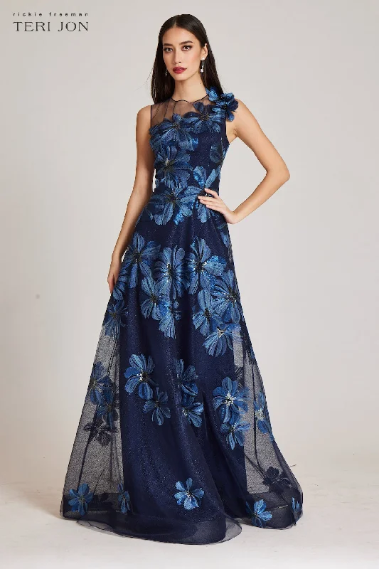 Comfortable Chic Floral Embroidered Tulle Gown With 3D Flower