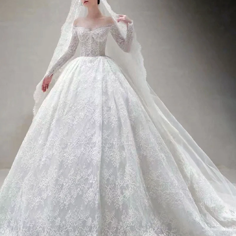 Flash Sales Gorgeous Off-the-shoulder Long Sleeve Lace Wedding Dress