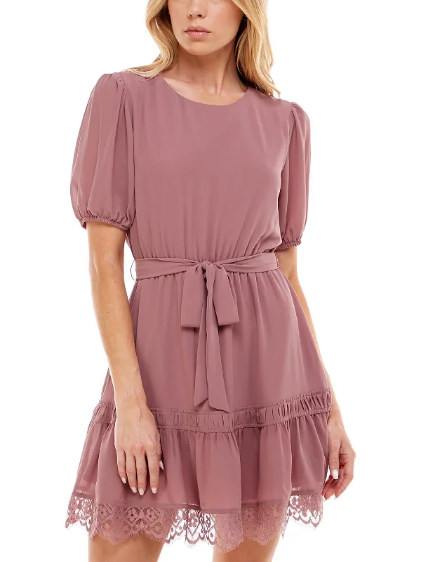 Subtle Sophistication Womens Belted Lace Trim Mini Dress