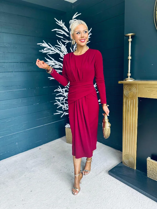 Unbeatable Prices Thea Drape Detail Midi Dress Burgundy