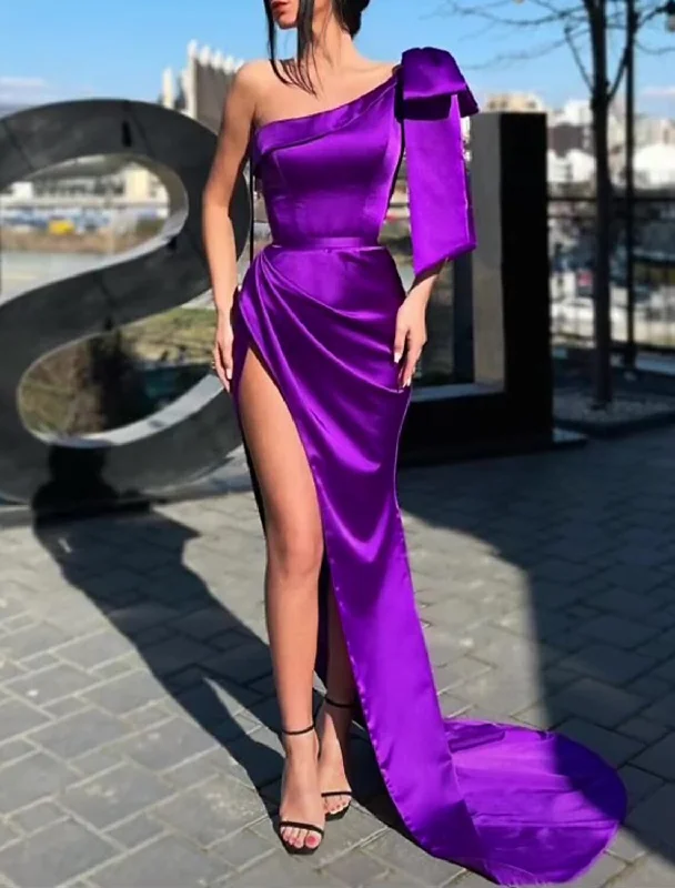 Latest Fashion Mermaid / Trumpet Evening Gown High Split Dress Formal Prom Sweep / Brush Train Sleeveless One Shoulder Satin with Bow(s) Slit