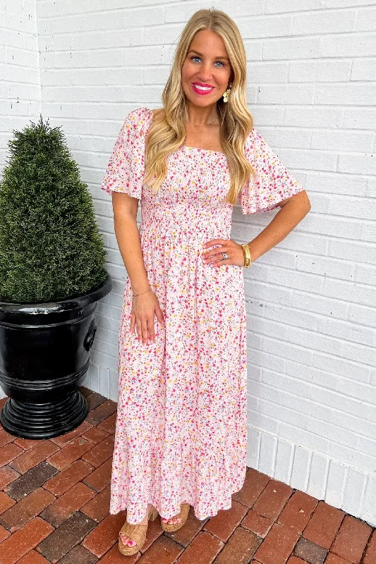 Stylish Savings Pink Dainty Floral Smocked Flutter Sleeve Maxi Dress