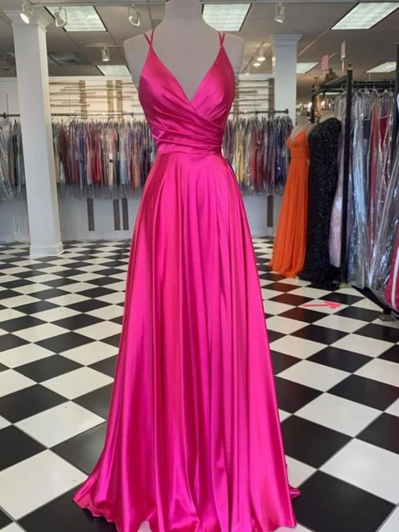 Crazy Discounts, Hurry Up Fuchsia A-Line Elastic Satin Ruched Bodice Long V-Neck Prom Dresses     S835