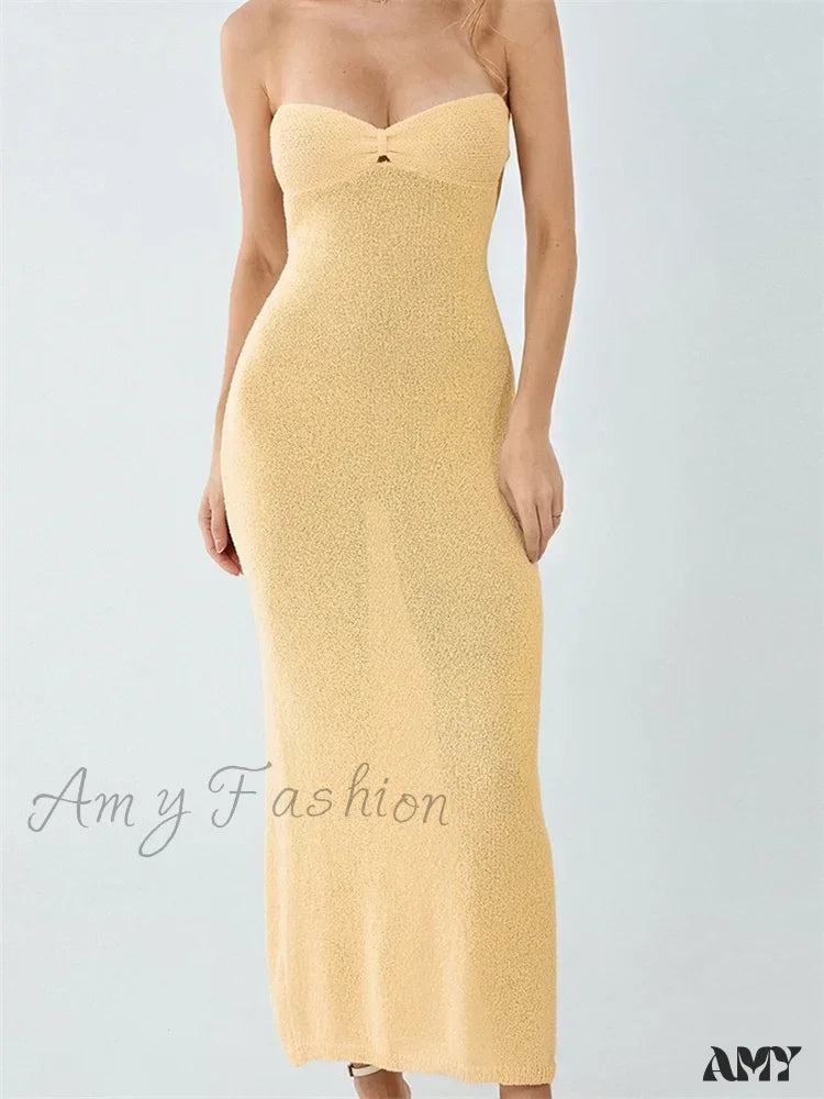 Casual Chic Amy Fashion - Sexy Women Knitted Tube  Strapless Off Shoulder Solid Summer  Tie-up Backless Beach Female Vestidos