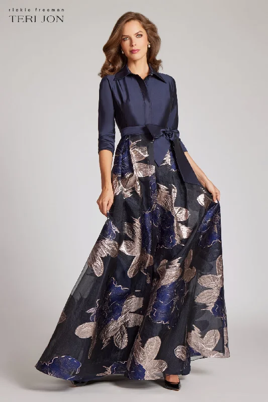 Signature Style Essentials Navy Taffeta Shirtdress with Burnout Floral Print