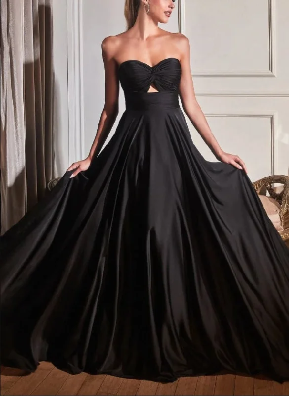 Trend Leading Collection Evening Dress Satin A-Line Strapless Backless Wrinkle Elegant Black Formal Dress