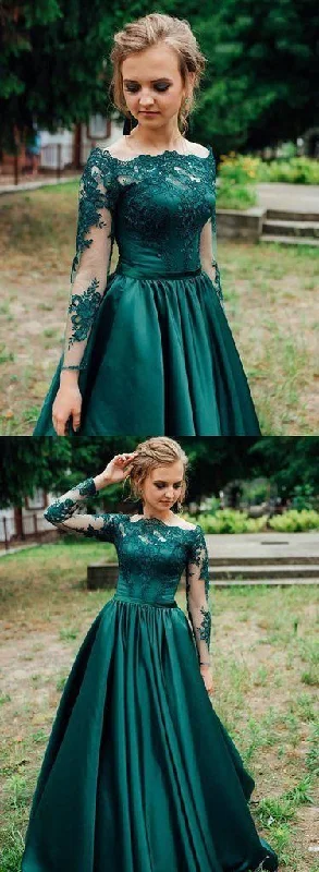 Flash Sale, Don'T Miss Green Satin Long Sleeve Lace Prom Dress, Green Lace Formal Dress      S696