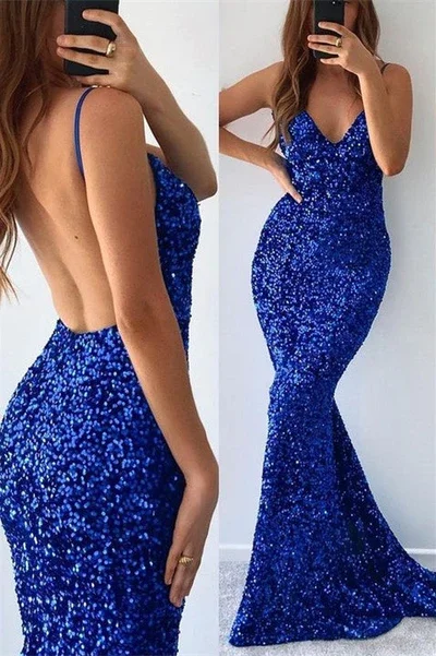 Hot Deals MERMAID V-NECK SPAGHETTI STRAP SEQUINED FLOOR-LENGTH SLEEVELESS PROM DRESS    S1813