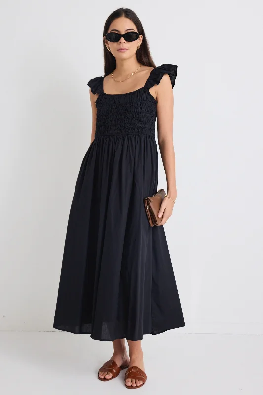 Trend Driven Wardrobe Bonbon Black Flutter Sleeve Midi Dress