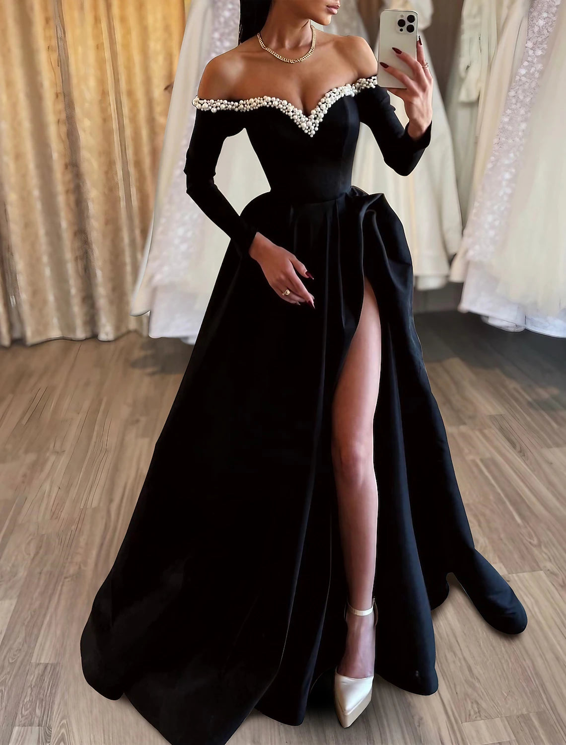 Break Fashion Norms Gown Dress Formal Masquerade Sweep / Brush Train Long Sleeve Off Shoulder Satin with Pearls Slit Evening Dress