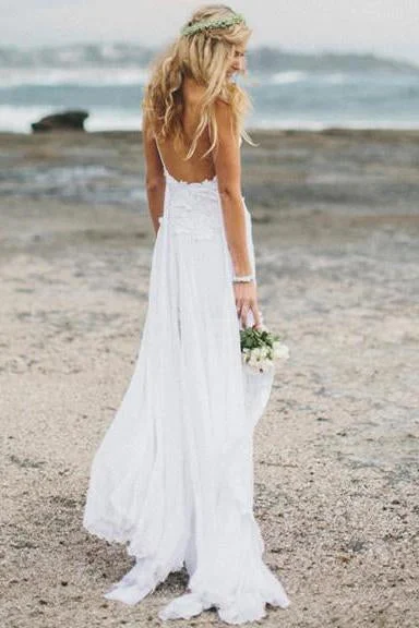 Additional Time-Limited Offers Beach Simple Casual White A-line Princess V neck Spaghetti Straps Wedding Dress