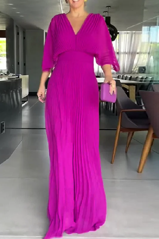 Mid - Week Surprise Solid Color Smart V Neck Pleated Maxi Dress