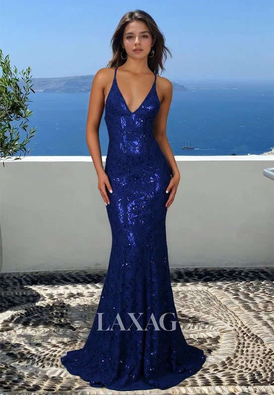 Women's Seasonal Garments Fresh Styles, Fresh Deals Deep V-Neck Off-Shoulder Sleeveless Party Gowns Spaghetti Straps Glitter-Knit Beaded Mermaid Prom Dress