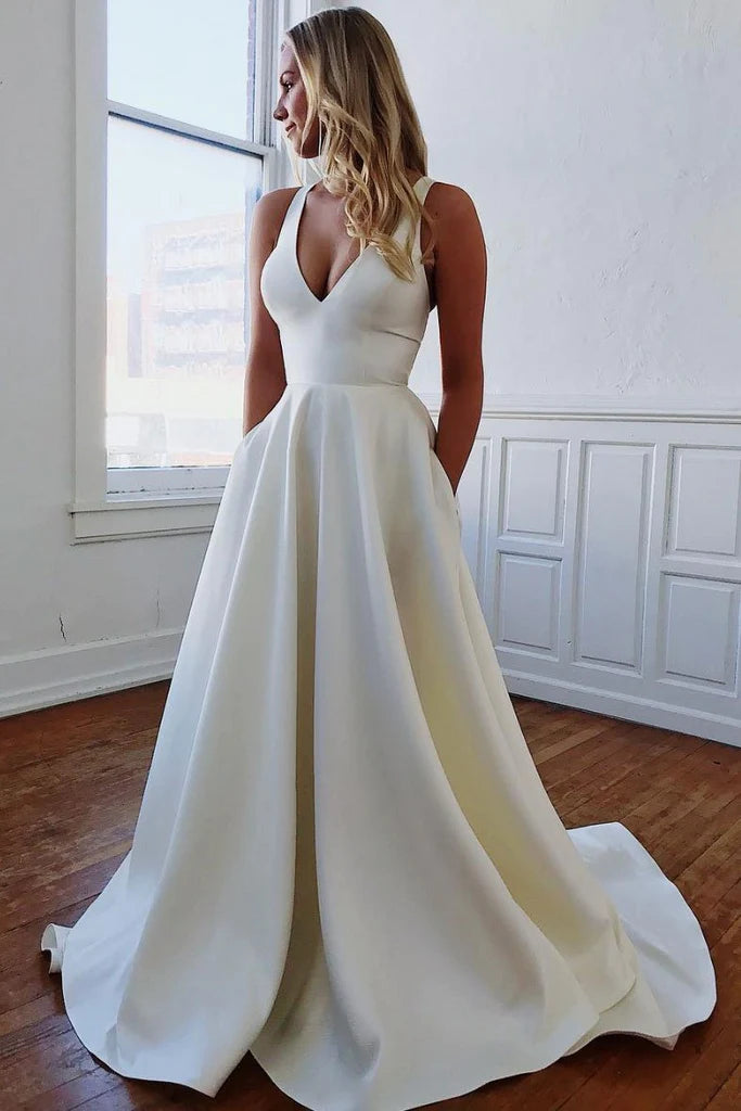 Trendy Clothing Sale Elegant V Neck Ivory Wedding Dresses with Pockets Open Back Satin Wedding Gowns