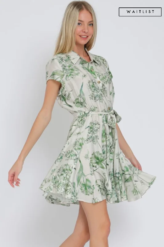 Stupidly Low Prices Waitlist 2/15 ♥ Lexa Short Sleeve Floral Print Button Down Mini Dress Green