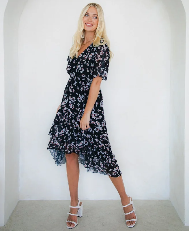 Evening Looks Black Floral Chiffon Tiered Midi Dress