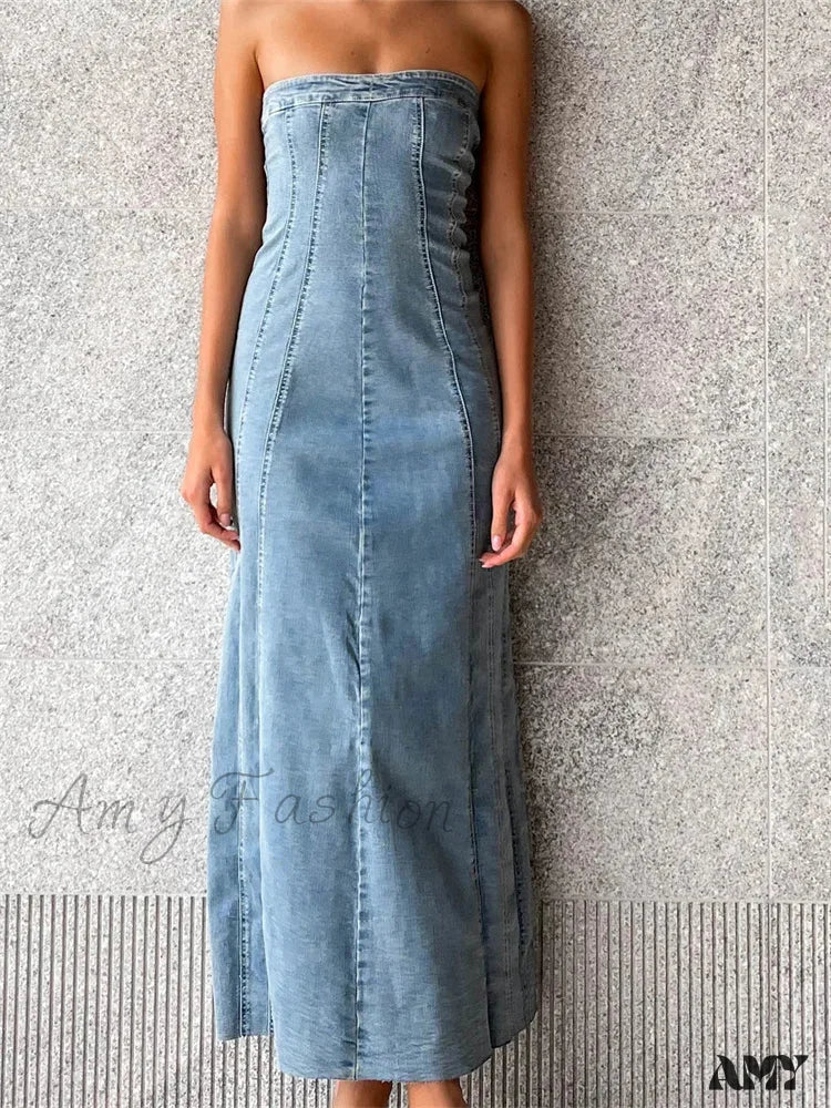 Evening Looks Amy Fashion - Women Tube  Strapless Backless Denim Back Zip Up Summer Side Split Club Party Female Vestidos