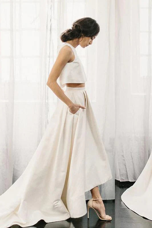 Trend Setting Threads Chic Two Pieces Satin Ivory High Neck High Low Wedding Dresses with Pockets Bridal Dress