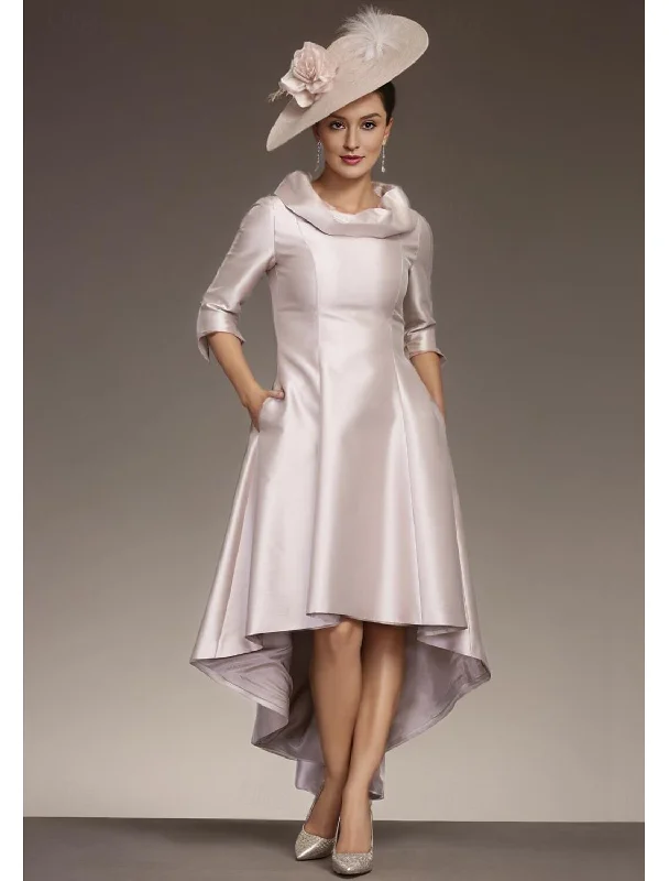 Fashion Sale Elegant Jewel Neck Asymmetrical Satin 3/4 Length Sleeve with Draping Mother of the Bride Dress