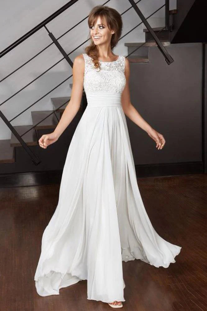 Unleash Your Trend Driven Style Elegant A Line Scoop Chiffon Ivory Long Appliques Beach Wedding Dresses with Lace