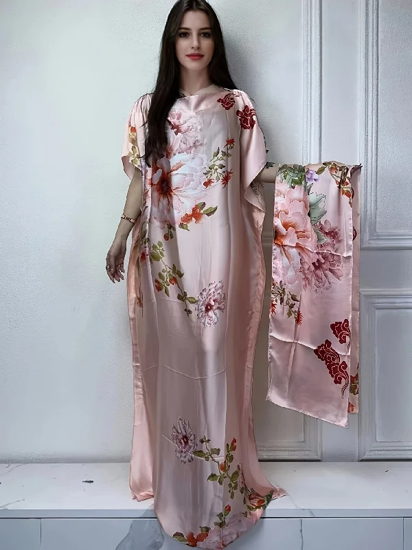 Premium Quality Garments Stunning Floral Print Batwing Kaftan Dress - Elegant Crew Neck, Flowy Maxi Length, Comfortable Women's Clothing for Summer