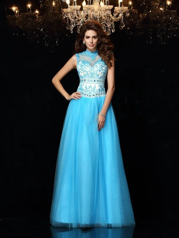 Soft Textures A-Line/Princess High Neck Applique Sleeveless Long Satin Dresses