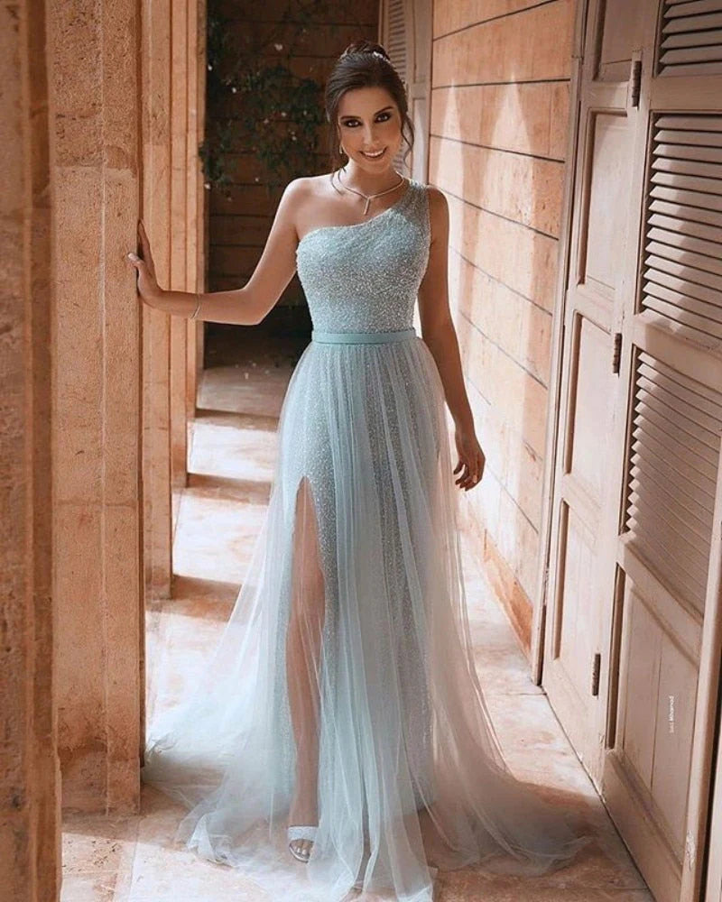 Runway Inspired Wear Sexy Sequins & Tulle Sleeveless One Shoulder Prom Dresses With Side Slit Sparkly, Long Formal Dresses