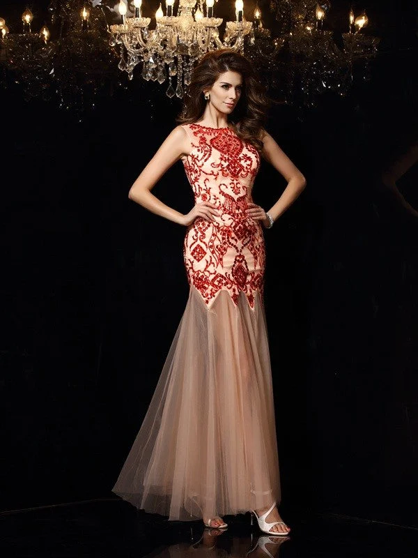 Casual Elegance Sheath/Column Scoop Beading Sleeveless Long Satin Dresses