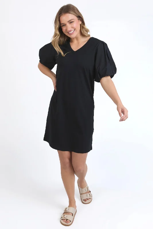 Bid Farewell To The Old Season Joy Black Poplin Puff Sleeve Midi Dress