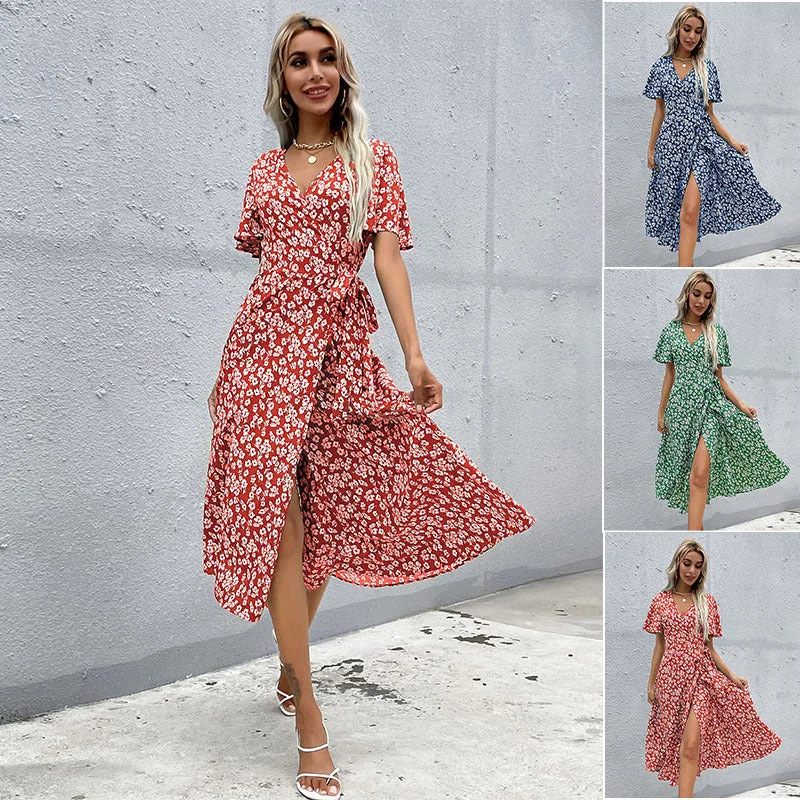 Massive Selection Sale IKEARLAX  women's clothing summer lotus leaf sleeves one-piece lace-up floral  trade waist dress