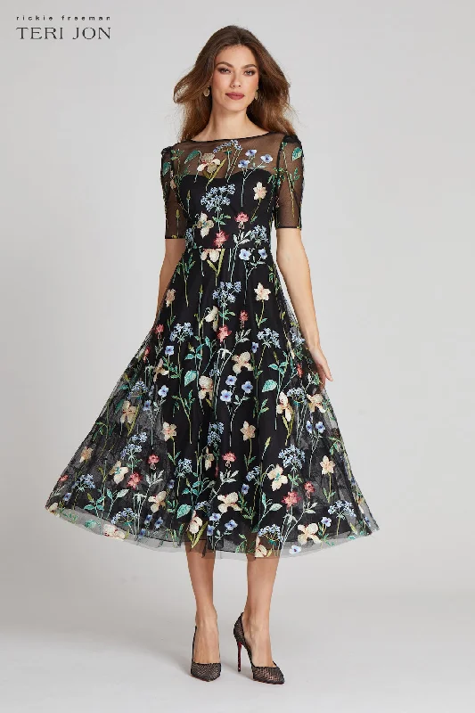 Seasonal Clearance Embroidered Tulle Dress With Floral Print