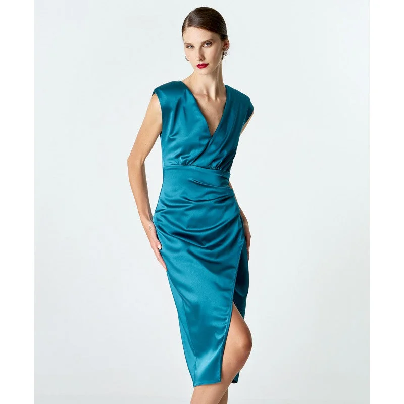 Trendy Women’S Wear Access Fashion Petrol Sleeveless Satin Wrap Dress