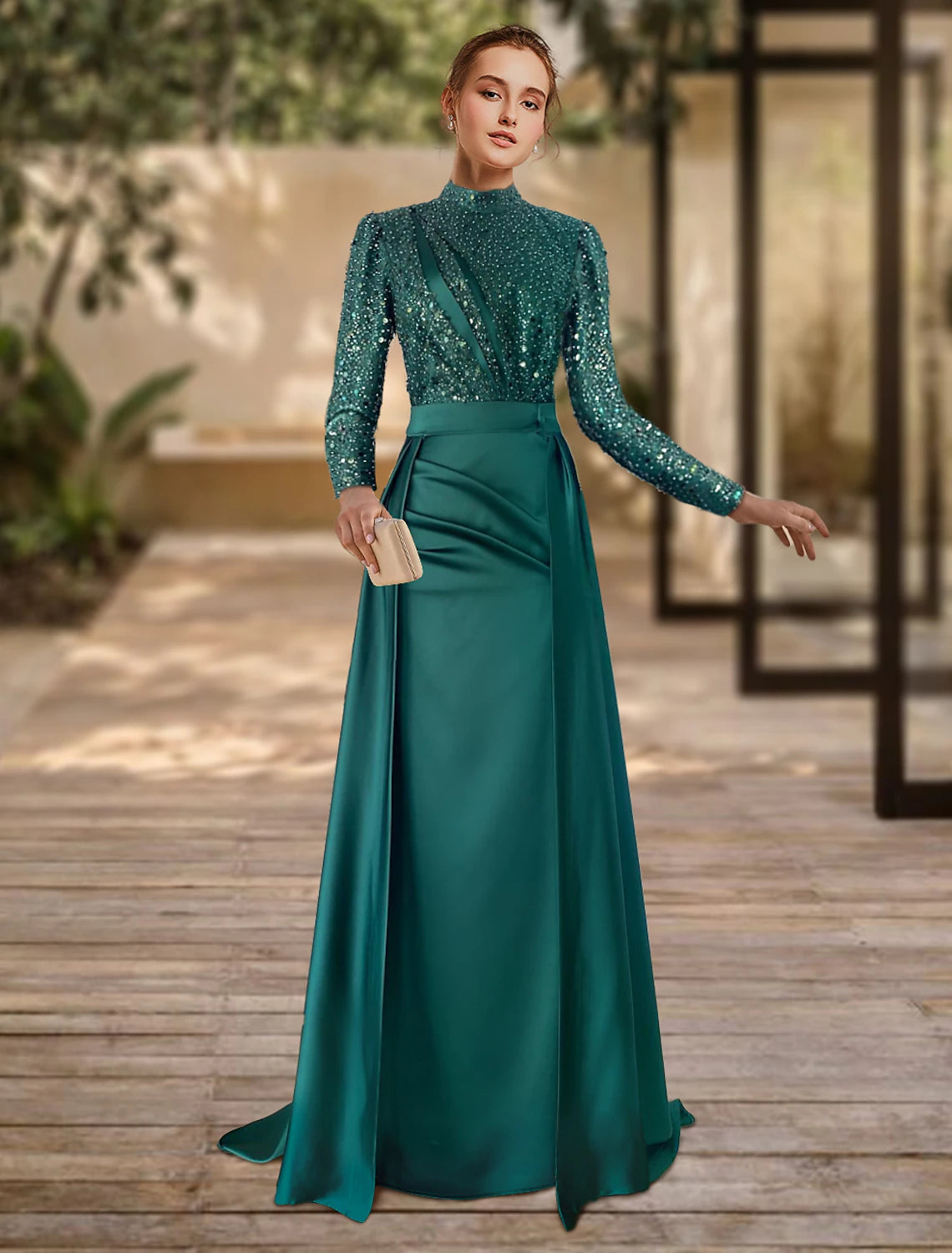 Chic Outfits Sheath Formal Dress Evening Gown Christmas Red Green Dress Formal Sweep / Brush Train Long Sleeve Jewel Neck Satin with Pleats Ruched Sequin