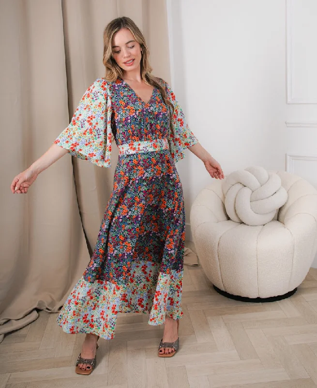 Boutique Styles Contrast Floral Angel Sleeve Midi Dress