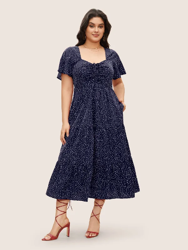 Final Clearance Polka Dot Drawstring Ruffle Tiered Ruched Pocket Midi Dress