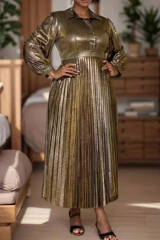 Hot Picks Metallic Bright Puff Sleeve Pleated Maxi Dress