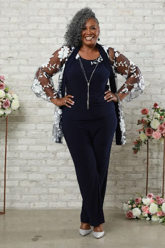 Chic Wardrobe Essentials Plus Size Threadwork Floral Pantsuit with Sheer Bell Sleeves