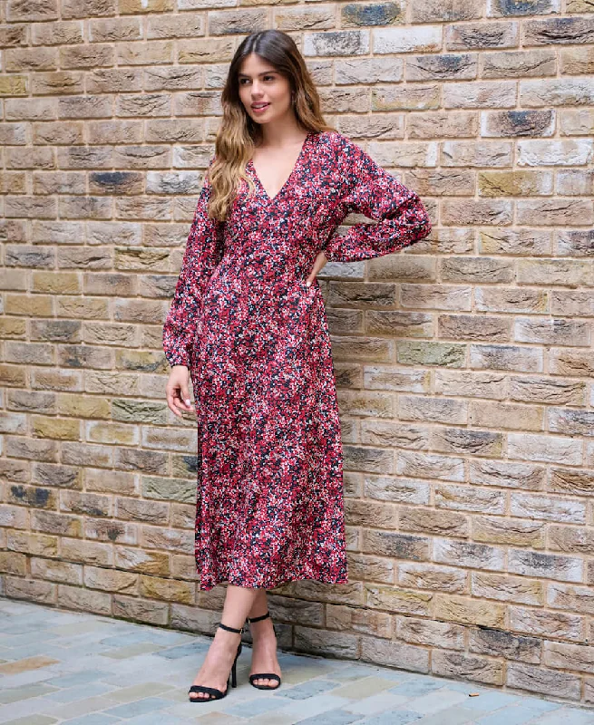 Exclusive Sale Red Floral Printed Long Sleeve Midi Dress