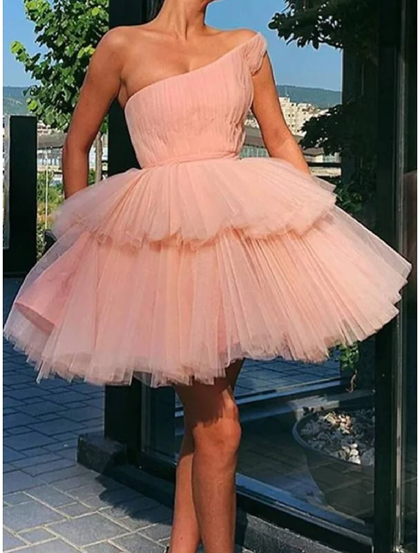 Summer Deals A-Line Homecoming Dresses Tiered Plisse Dress Graduation Cocktail Party Short / Mini Sleeveless One Shoulder Pink Dress Tulle with Ruffles