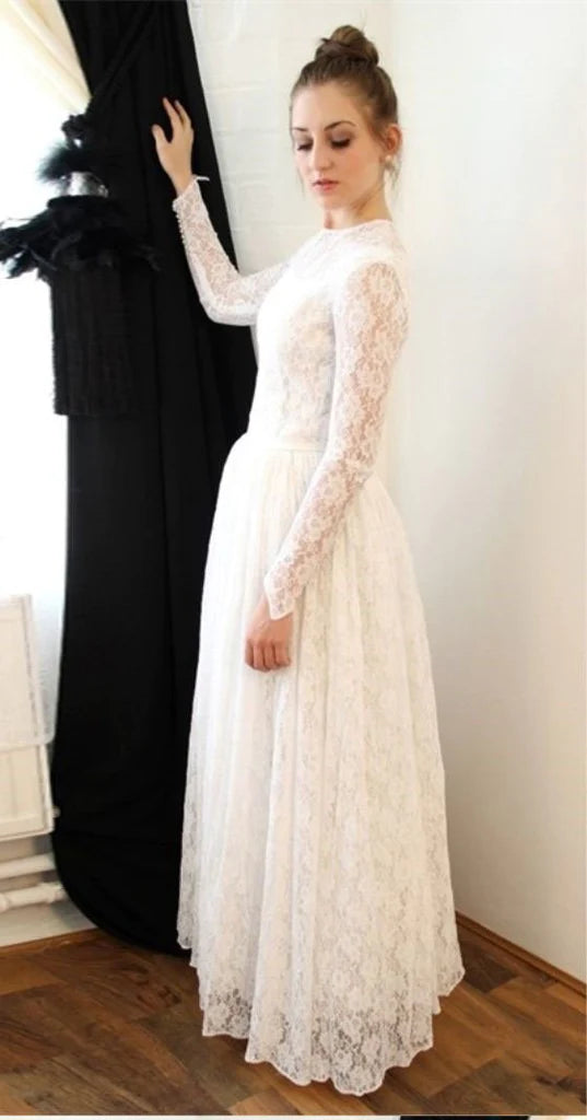 Find Your Unique Flair Elegant Princess Long Sleeve A Line Lace High Neck Ivory Long Wedding Dresses