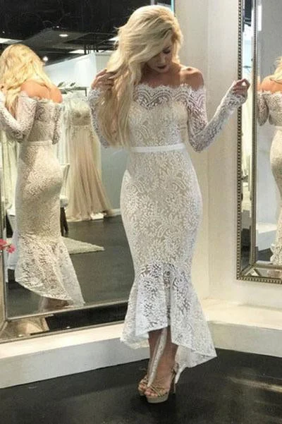 Spring Wardrobe Mermaid Ivory Straight Across Floor-Length Long Sleeve Appliqued Lace Wedding Dresses