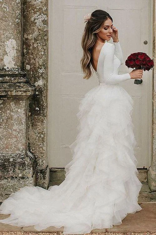 Seasonal Sale A-Line Round Neck Asymmetric Tulle Open Back Long Sleeves Wedding Dresses