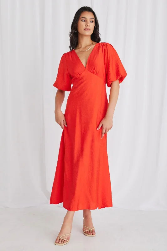 Unleash Your Trendy Side Empire Sunset Puff Sleeve Midi Dress