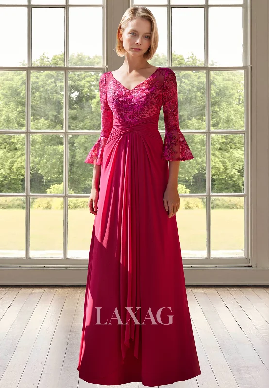 Plus-Size Women's Garments Limited Quantities V-Neck Half-Sleeves A-Line Mother of the Bride Dress Lace Applique Pleated Floor-Length Cocktail Gowns