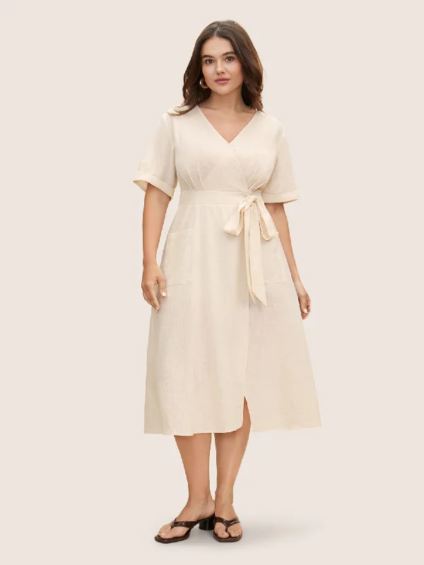 Spring Fling Sale Cotton Linen Cuffed Sleeve Tie Knot Midi Dress