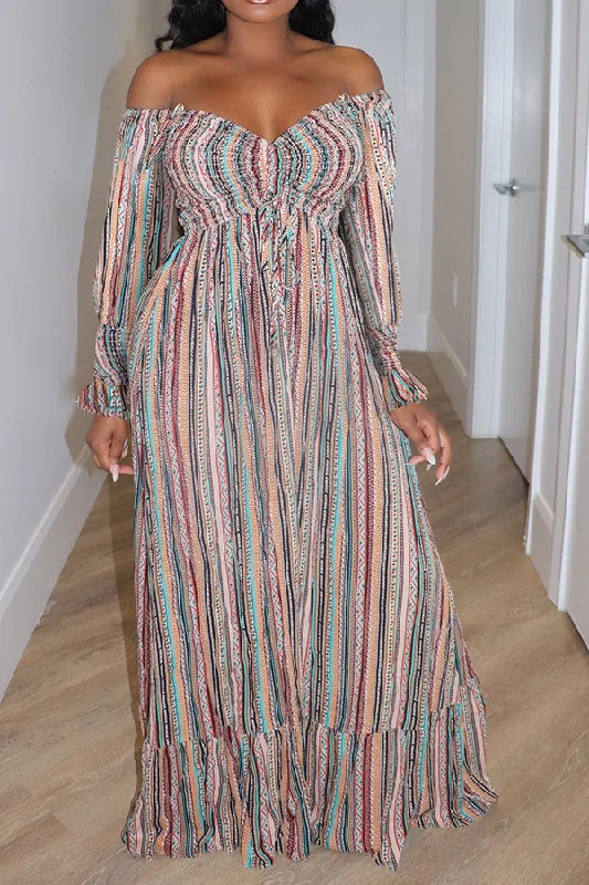 Unleash Your Trend Driven Style Striped Graphic Print Retro Off Shoulder Ruffled Maxi Dress