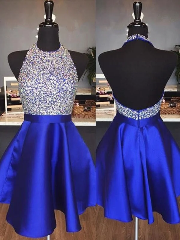 Top Deals A-Line Halter Cut Short With Beading Satin Royal Blue Homecoming Dresses