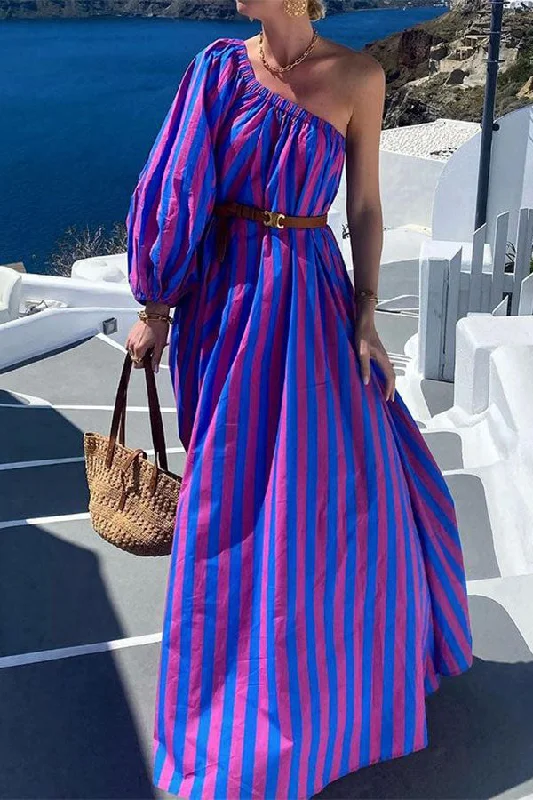 Holiday Sale Stripe Romantic One Shoulder Belted Maxi Dress